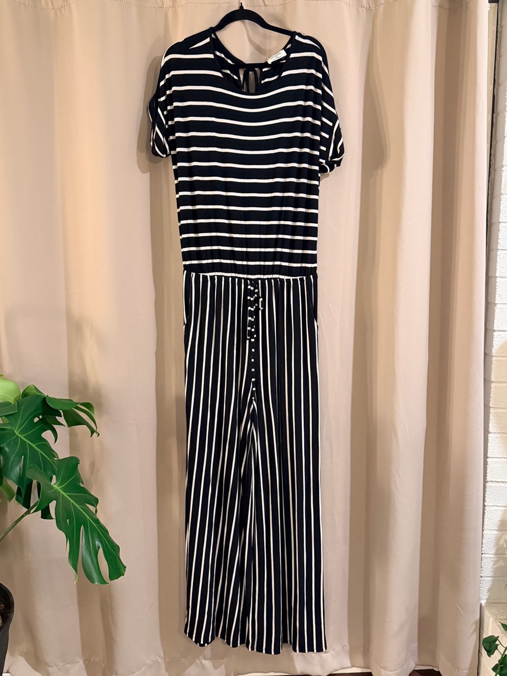 Zenana Outfitters Black and White Striped Jumpsuit with pockets
